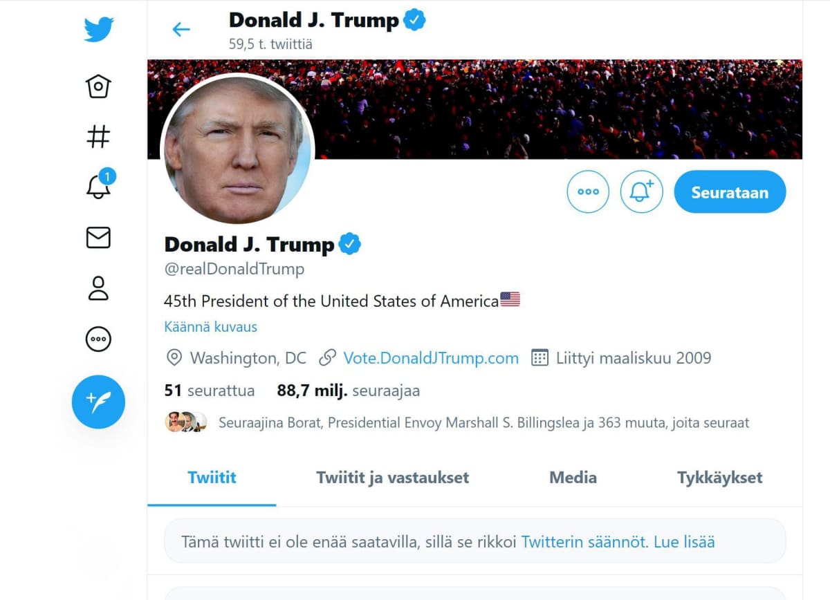 Kuvakaappaus Donald Trumpin twitter-tilistä, josta on twitterin ylläpito poistanut twiitin.