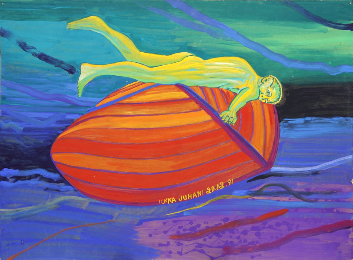 Maalauksessa keltainen mies makaa oranssin veneen päällä.