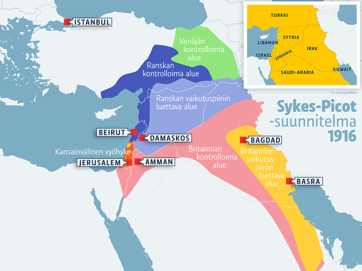 Kartta Sykes-Picot-suunnitelmasta.