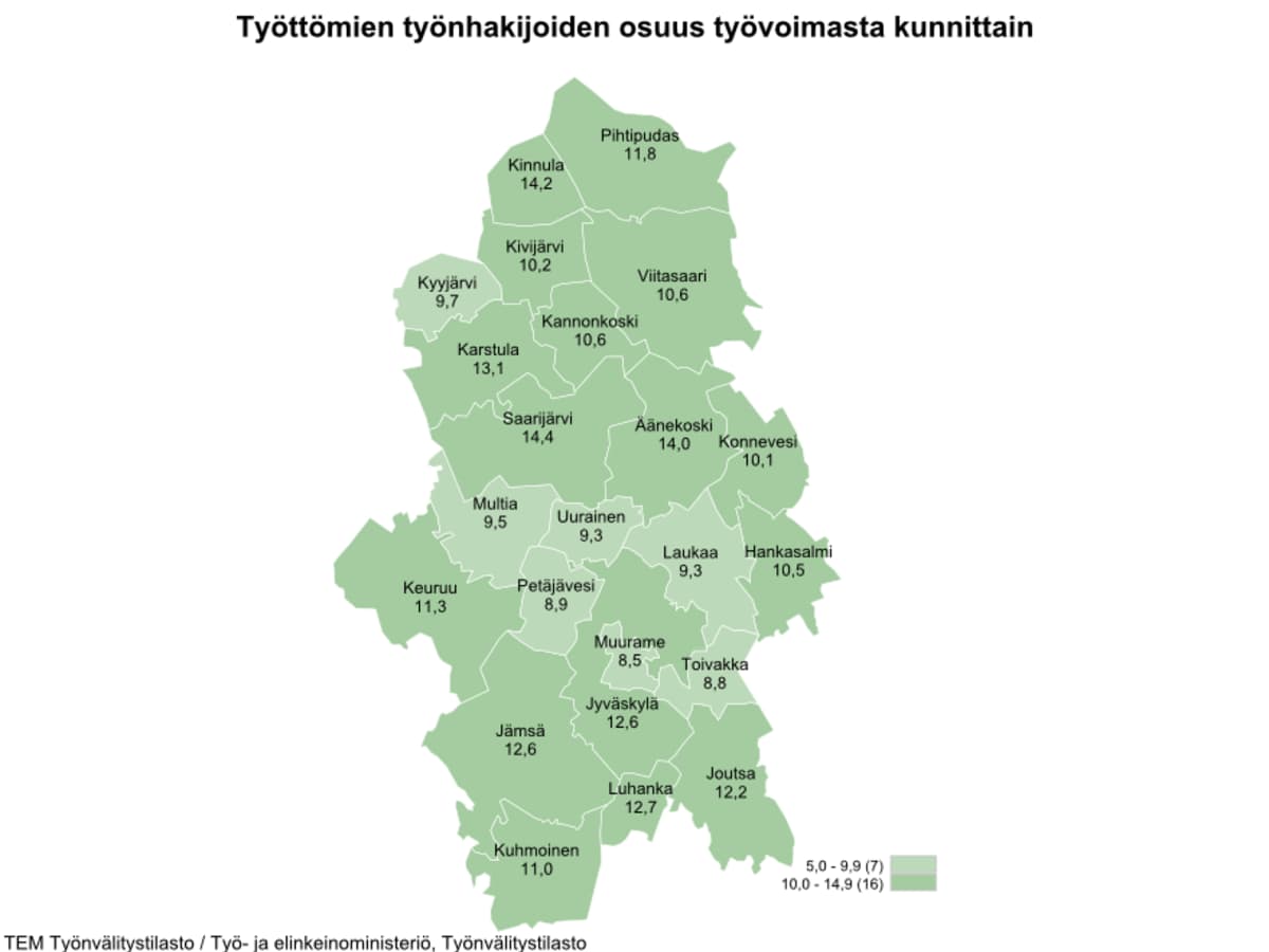 Työttömien määrä yhä laskussa Keski-Suomessa – seitsemän maakunnan kuntaa  ylsi kymppisakkiin | Yle Uutiset