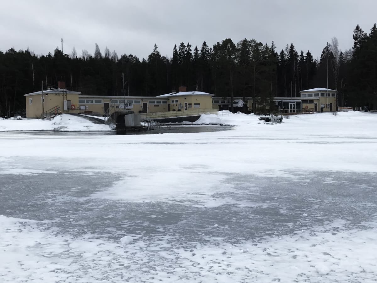 Rauhaniemen kansankylpylän alue Näsijärven jäältä kuvattuna.
