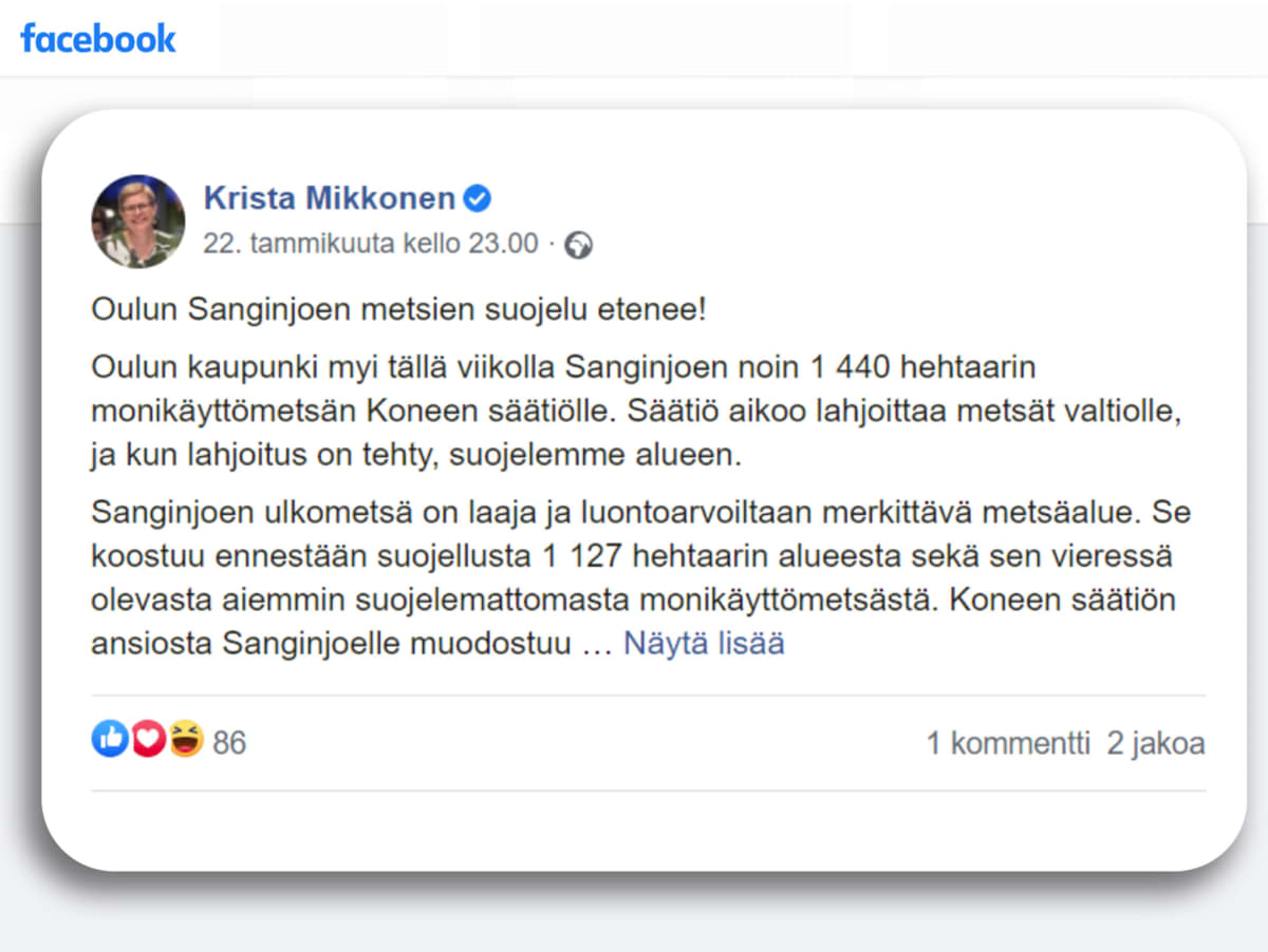 Kuvakaappaus Krista Mikkosen kommentista Facebookista