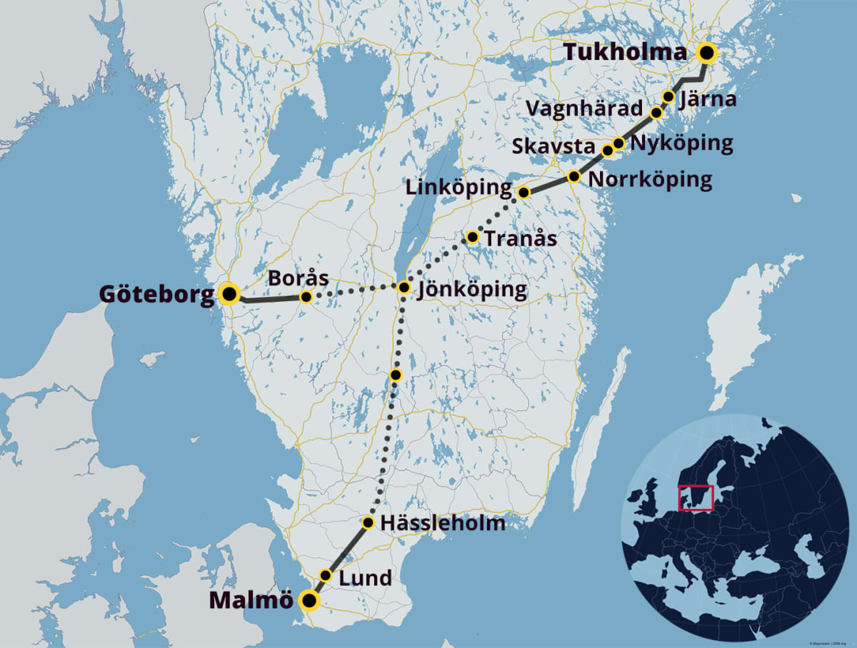 Kartta eteläisen Ruotsin päärautateistä.