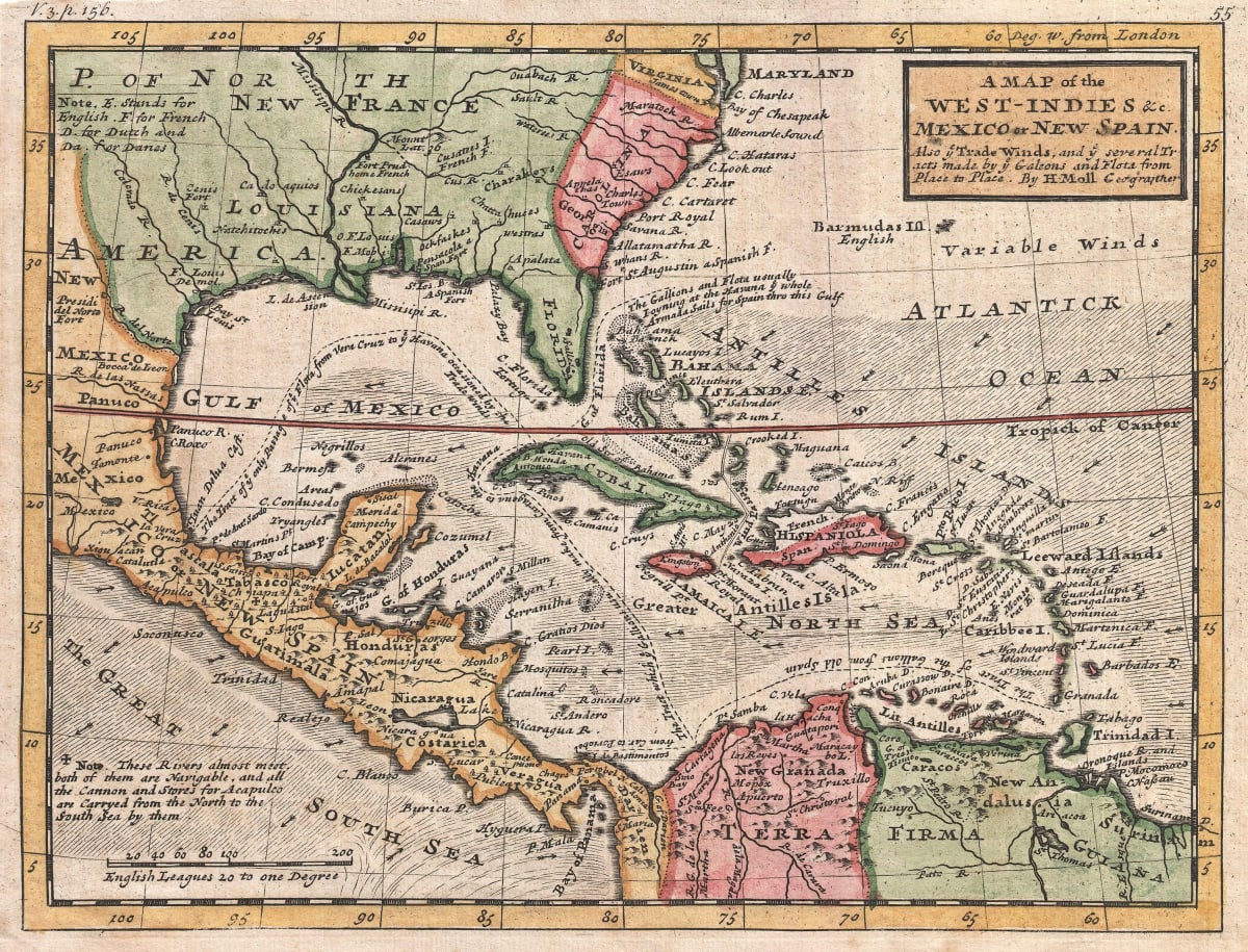 Herman Mollin kartta Karibialta vuodelta 1732. Saint-Barthélemyn saari erottuu pienen pienenä oikeassa reunassa Saint Maartenin kaakkoispuolella.
