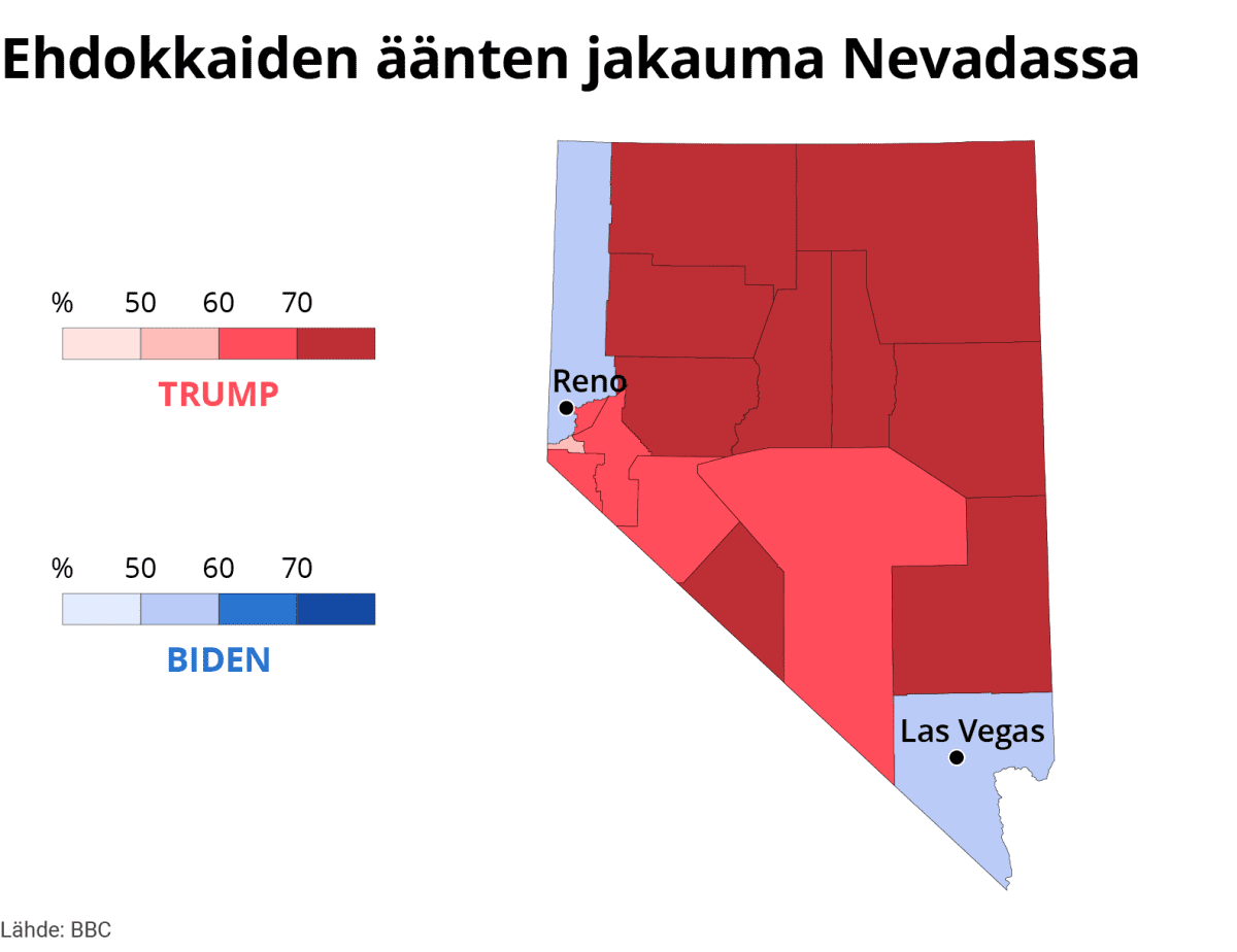 Infokartta ehdokkaiden äänten jakaumasta Nevadassa.