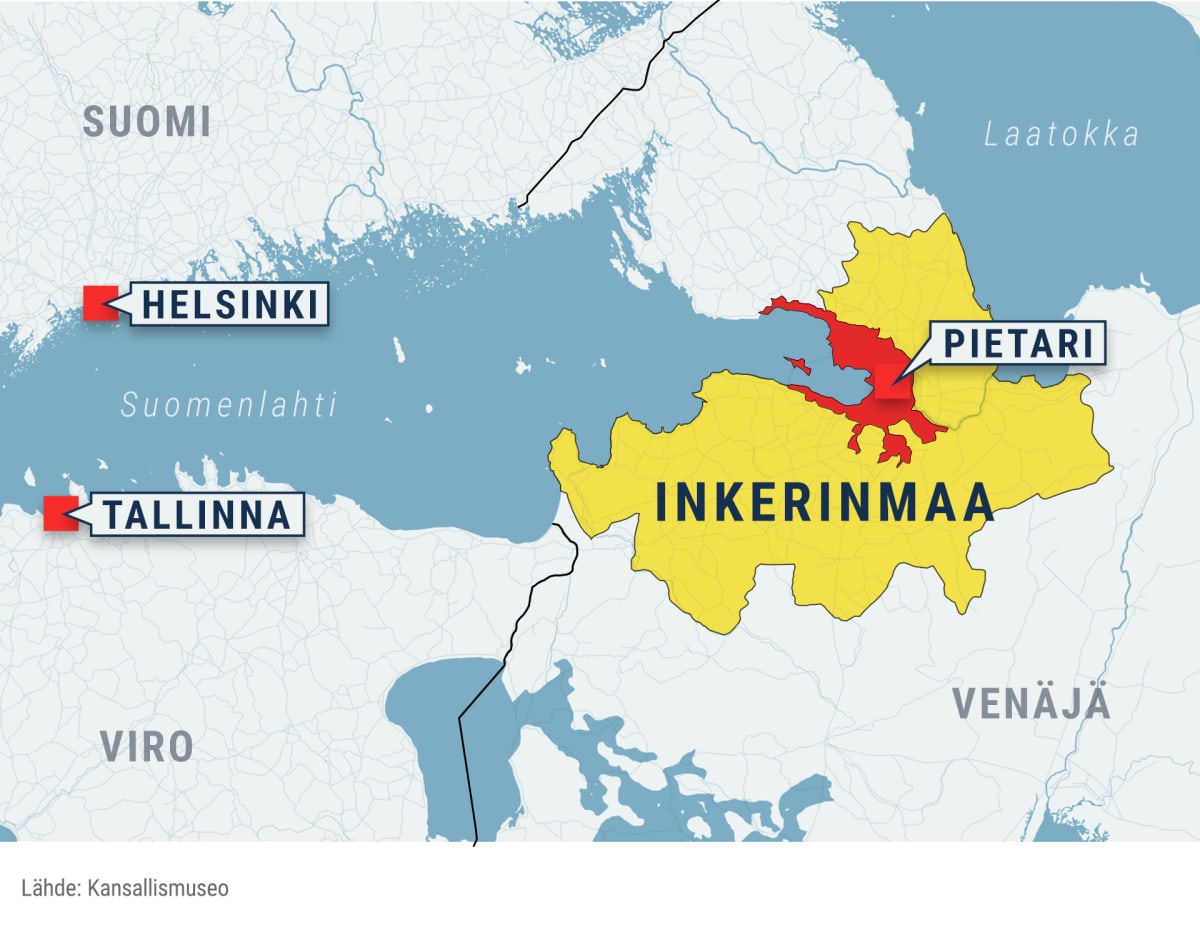 Kartassa näytetään Helsinki, Tallinna ja Pietari, ja miten Inkerinmaa asettuu suhteessa näihin kaupunkeihin. Inkerinmaa on laajahko alue Pieaterin ympärillä.