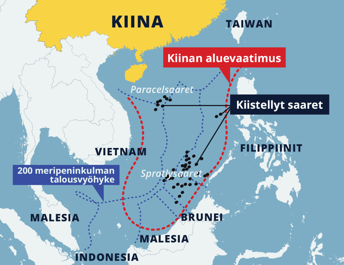 Kartta, johon merkitty Kiinan aluevaatimus ja kiistellyt saaret (mm. Paracel- ja Spratlysaaret).