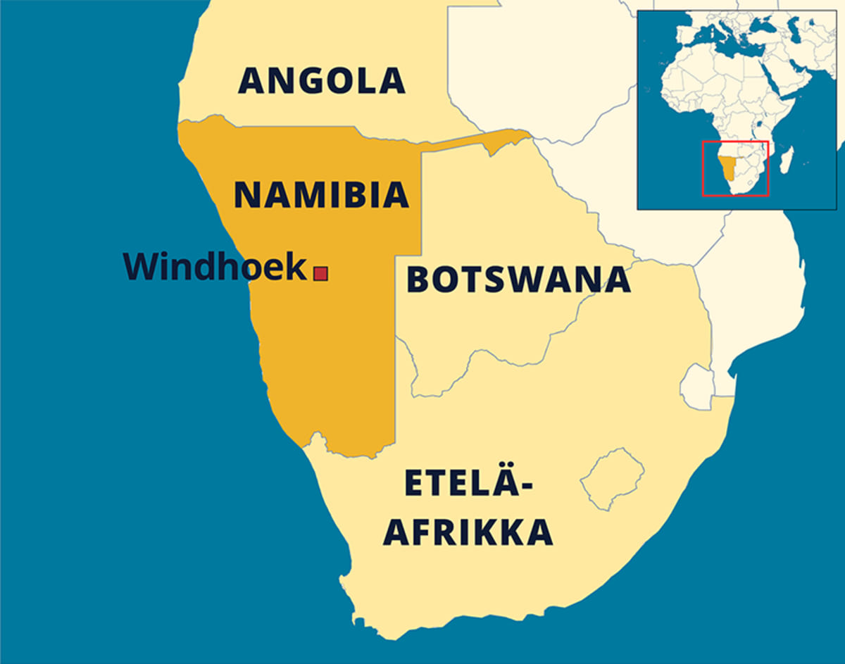 Kartta Namibian sijainnista Afrikassa.
