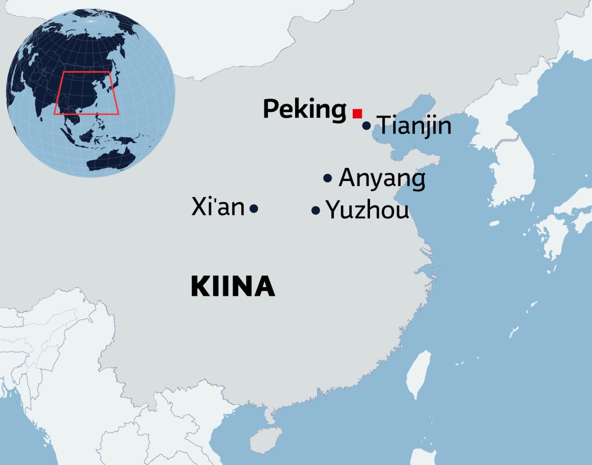 Kiinan pääkaupungi Peking ja kaupungit Tianjin, Anyang, Xi'an ja Yuzhou kartalla.