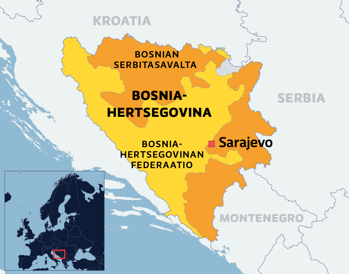 Kartalla Bosnia-Hertsegovinan poliittisista alueista Bosnian serbitasavalta ja Bosnia-Hertsegovinan federaatio.