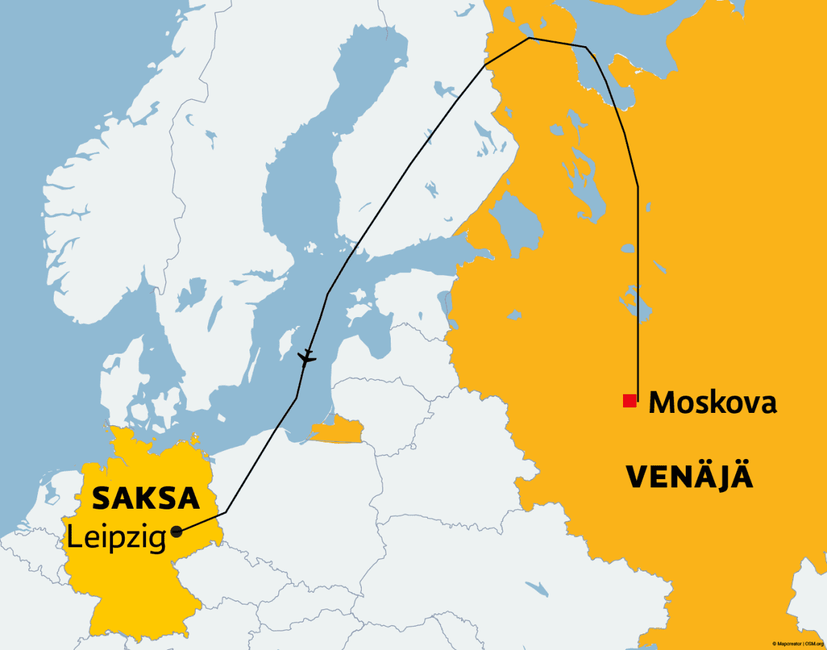Kartalla lento RU675:n reitti Moskovasta Venäjältä, Suomen kautta Leipzigiin Saksaan.