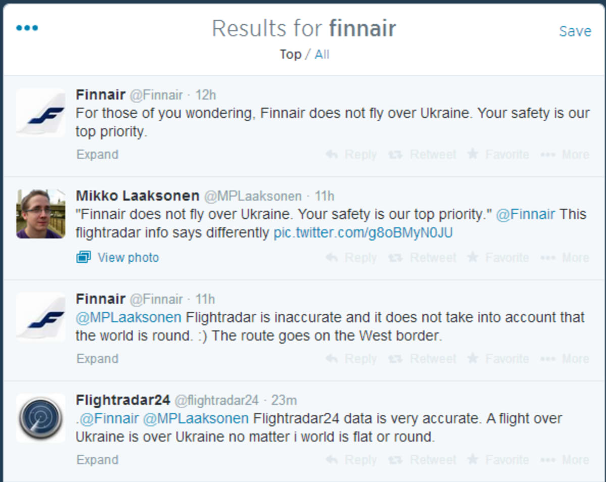 Finnair twitter exchange following the loss of flight MH17