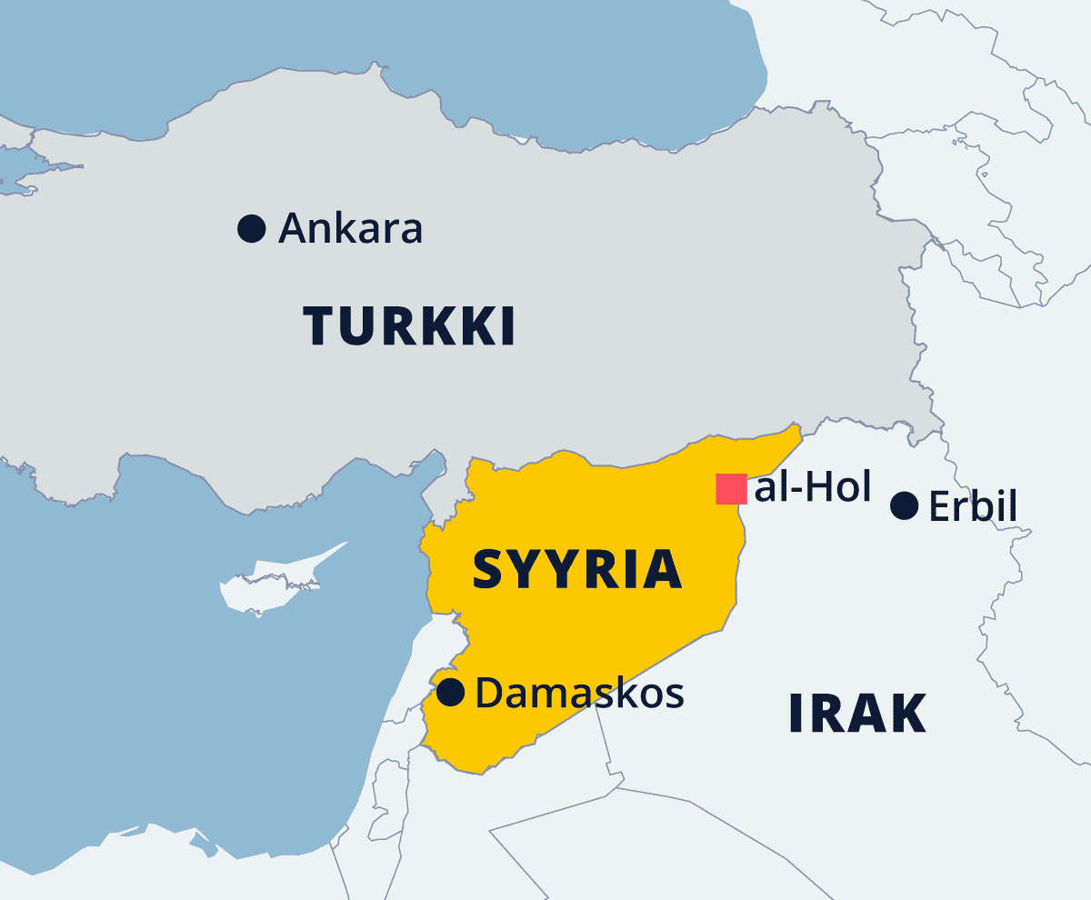 Kartta missä sijaitsee al-Hol Syyriassa, Ankara Turkissa ja Erbil Turkissa.