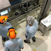 Kolme työntekijää tuotantolaitoksen laitteiden äärellä.