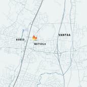 Kartta, johon on merkitty Metsola ja Korso Vantaalla, sekä tulipalon paikka. 