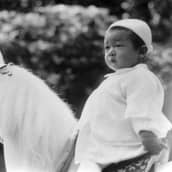 Puolitoistavuotias keisari leluhevosen selässä.