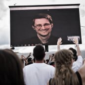 Edward Snowden skreenillä Roskilde -festivaaleissa.