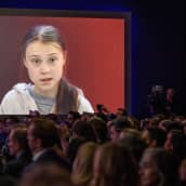 Greta Thunberg esiintymässä Kongressikeskuksessa Davosissa 21.01.2020.