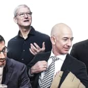 Kuvakollaasi, jossa Sundar Pakhai, Tim Cook, Jeff Bezos ja Mark Zuckerber.
