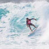 Kuvassa surffaaja, jonka asussa on punaista ja sinistä. Meressä on suuri aalto. 