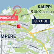 Kuvassa on puukotuksen tapahtumapaikka Tampereen kartalla