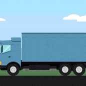 Animaatio, jossa sininen rekka-auto ajaa kuvassa vasemmalle päin. Takana on pilviä ja vuorimaisemaa. Tieviitta merkinnällä E18 vilahtaa rekan jatkaessa maatkaansa kohti määränpäätään.