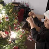 7-vuotias poika koristelee joulukuusta.