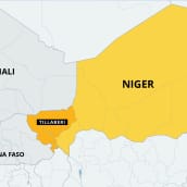 Nigerin kartta, Tillaberin alue. Naapurimaat Burkina Faso ja Mali