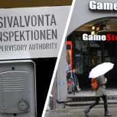 Finanssivalvonnan ovikyltti Helsingissä sekä Gamestopin liike Sveitsin Bernissä.