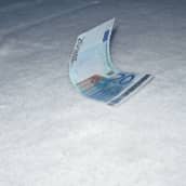 20 euron seteli maassa lumessa.