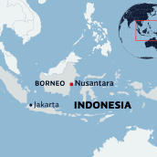 Kartalla Indonesian uusi pääkaupunki Nusantara.