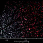 Viuhkamainen kuvio värikkäitä pisteitä mustassa avaruudessa. 