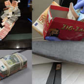 Kuvakollaasi, jossa kuvia käteisestä rahasta pinossa, patjan alla, laatikossa ja pöydälle levitettynä.