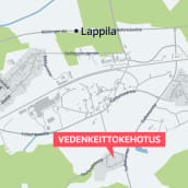 Karttakuva, jolle merkitty Lappila ja Kuoppalanmäellä sijaitseva alue, jolla vedenkeittokehotus.