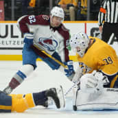 Connor Ingram #39 of the Nashville Predators makes a pad save as Artturi Lehkonen #62 of the Colorado Avalanche looks for the rebound in Game Four of the First Round of the 2022 Stanley Cup Playoffs at Bridgestone Arena on May 09, 2022 in Nashville, Tennessee. The Avalanche swept the Predators 4-0 to advance to the second round. (Photo by Mickey Bernal/Getty Images)