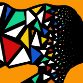 Pää jonka sisällä kiehuu värikkäitä kolmioita. Kolmiot sinkoavat taaksepäin samalla kasvaen.