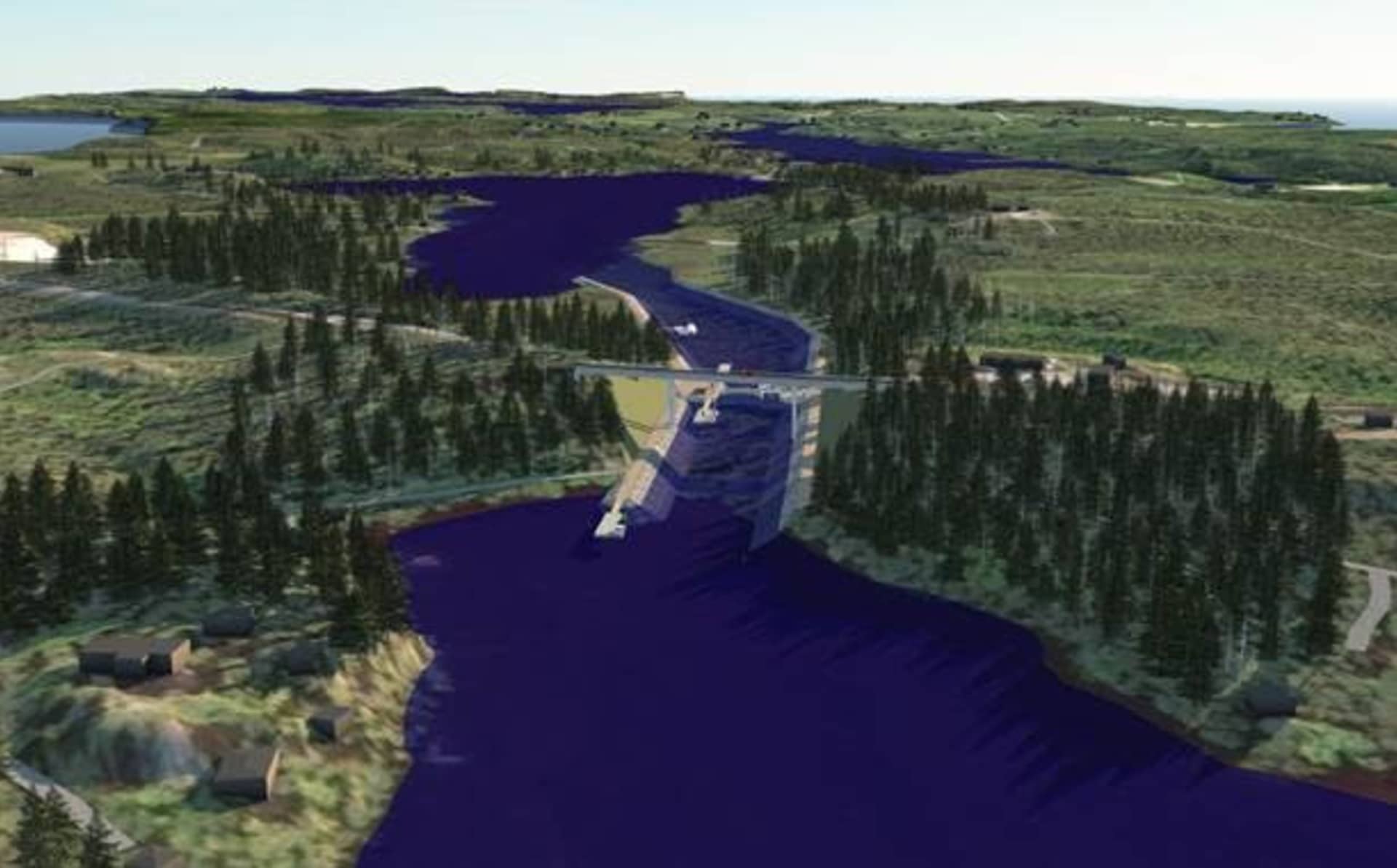 Kutilan kanavan havainnekuva. Edessä Koulunlahti ja sillan toisella puolella Kutilanlahti. Taustalla häämöttää Suur-Saimaa. Kuva: FCG Suunnittelu ja tekniikka Oy