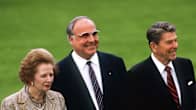Margaret Thatcher, Helmut Kohl ja Ronald Reagan huhtikuussa 1985 Bonnissa, Länsi-Saksassa.