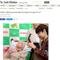 Kuvakaappaus The Asahi Shimbun- uutissivustolta aiheesta, joka koskee Nabi Tajiman kuolemaa 117 vuoden iässä.