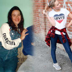Nuori tyttö 1993 ja toinen nuori tyttö vuonna 2019 farkkuasuissaan