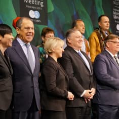 Ministers and representatives at Tuesday's Arctic Council meeting in Rovaniemi, from left: Yury Khatanzeyskiy, Vice President Russian Association of Indigenous Peoples of the North; Ine Marie Eriksen Søreide, Norwegian Foreign Minister; Sergey Lavrov, Russian Foreign Minister; Margot Wallström, Swedish Foreign Minister; Mike Pompeo, US Secretary of State, James Stotts, President, Inuit Circumpolar Council; Timo Soini; Chrystia Freeland, Minister of Foreign Affairs, Canada; Edward Alexander, Gwich'in Council International.