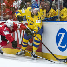 Ruotsin Mattias Ekholm ja Sveitsin Kevin Fiala taistelevat kiekosta.