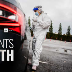All Points North podcast logo feature photo of drive-in Covid testing site in Helsinki in October 2020. 