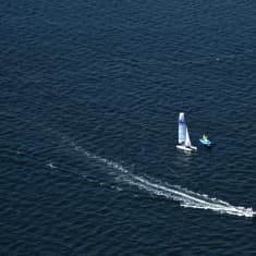 Aerial view of "Nacra 17" sailboats during a training session on Guanabara Bay in view of Rio 2016 Olympic Games, in Rio de Janeiro on July 28, 2015.