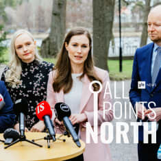 Photo of Prime Minister Sanna Marin (in middle) and members of her government featuring All Points North podcast logo. 