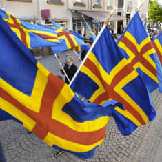 Juhlakulkueessa kannetaan Ahvenanmaan lippuja.