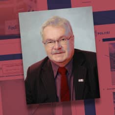 Tyylitelty valokuva Pekka Katajasta, taustalla on häilyvästi sivuja poliisin esitutkintapöytäkirjasta.