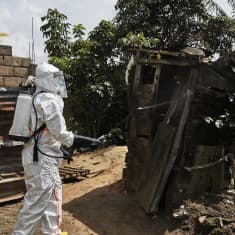 Suojavarusteisiin pukeutunut työntekijä ruiskuttaa desinfiointiainetta ebola-potilaan puutarhavajaan.