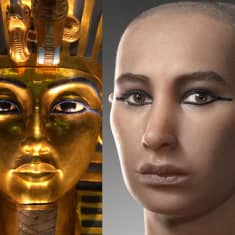 Vasemmalla kultainen kuolinnaamio, jossa Tutankhamonilla on seremoniallinen päähine. Oikealla silikonista tehty nuorukaisen pää. Tukka on ajeltu sängeksi ja silmät ehostettu voimakkaasti. 