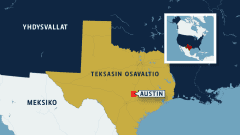 Kartta, josta näkyy Teksasin osavaltion sijainti Yhdysvalloissa ja Austinin kaupungin sijainti.